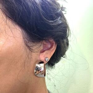 Silver toned puffy Chunky hoop clip on screw back Earrings